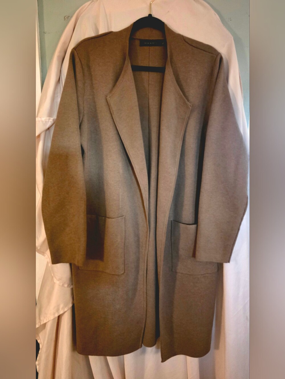 Womens Taupe Open-Front Long Coat/cardigan